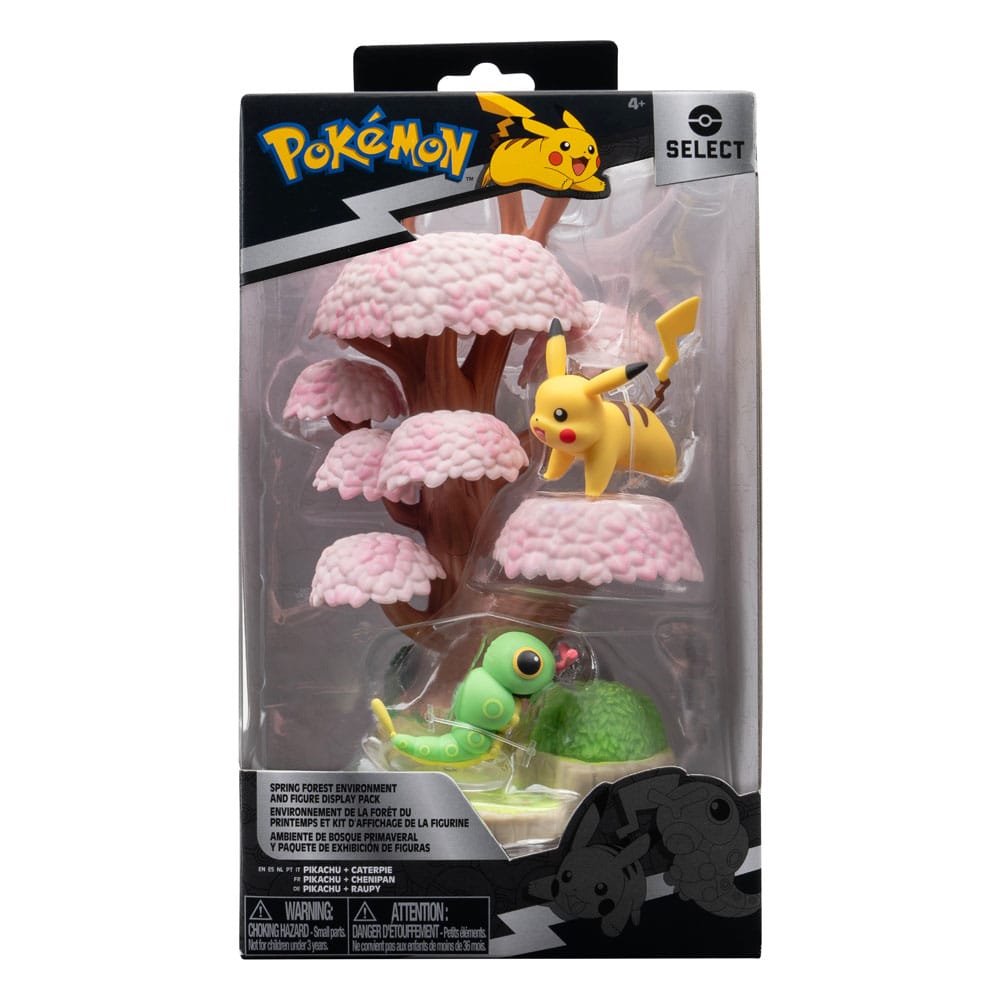 Pokémon Environment Set / Frühlingswald mit Raupy & Pikachu / Jazwares / 5 cm Figuren + 15 cm Display